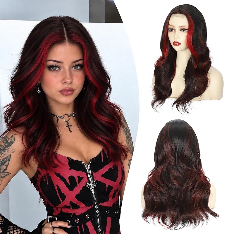 Atohallan Black Red Ombre Wigs for Women 18 Inch Middle Part Synthetic Wig