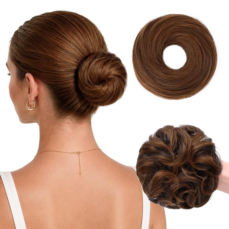 WIRCTP 2PCS Messy Bun Hair Piece for Women, Small Donut Bun & Messy Bun Scrunchie for Thin Hair, Synthetic Hair Bun Extension, Natural-Looking Updo(Dark Brown Mixed Light Auburn)