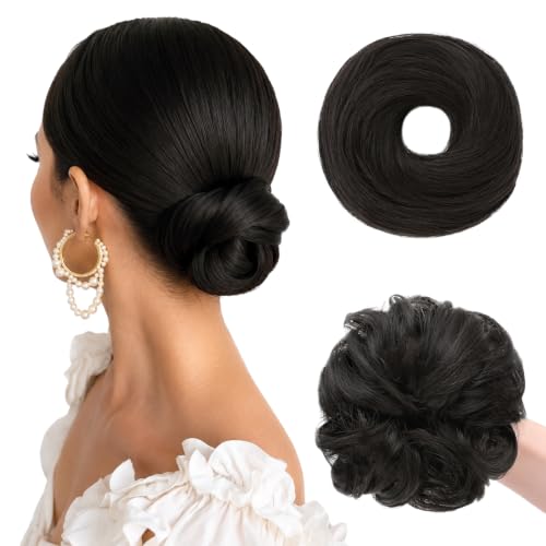 WIRCTP 2PCS Messy Bun Hair Piece for Women, Small Donut Bun & Messy Bun Scrunchie for Thin Hair, Synthetic Hair Bun Extension, Natural-Looking Updo(Natural Black)