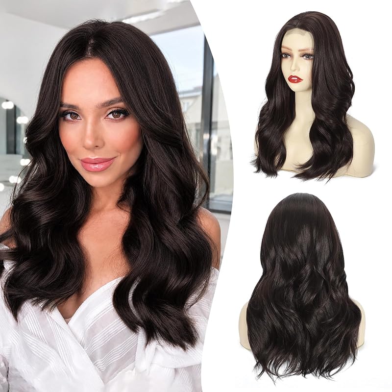Atohallan Dark Brown Wigs for Women 18 Inch Middle Part Wavy Synthetic Wig