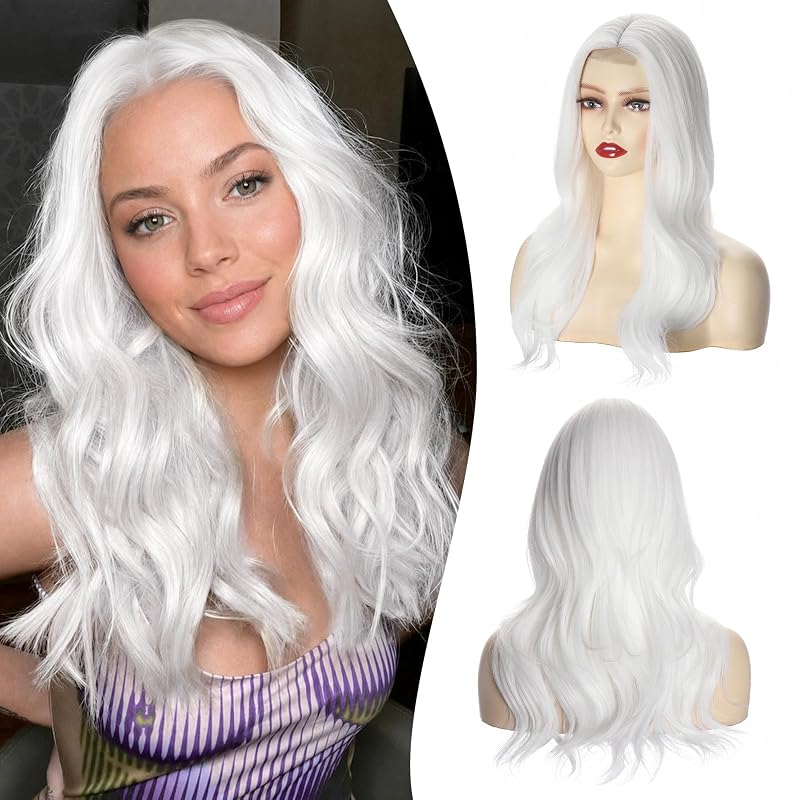 Atohallan White Wig for Women 18Inch Middle Part Layered Wavy Synthetic Wig