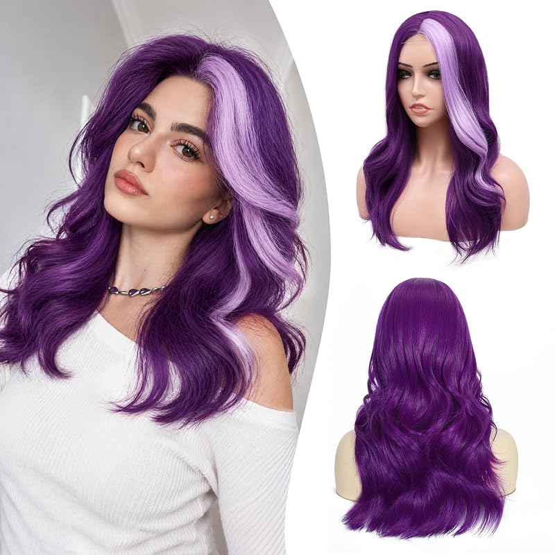 Atohallan Purple Wigs for Women 18 Inch Wavy Middle Part Wavy Synthetic Wig