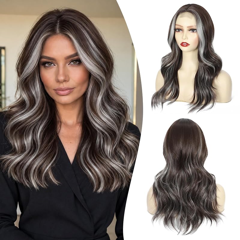 Silver Brown Wigs for Women 18 Inch Middle Part Wavy Synthetic Wig