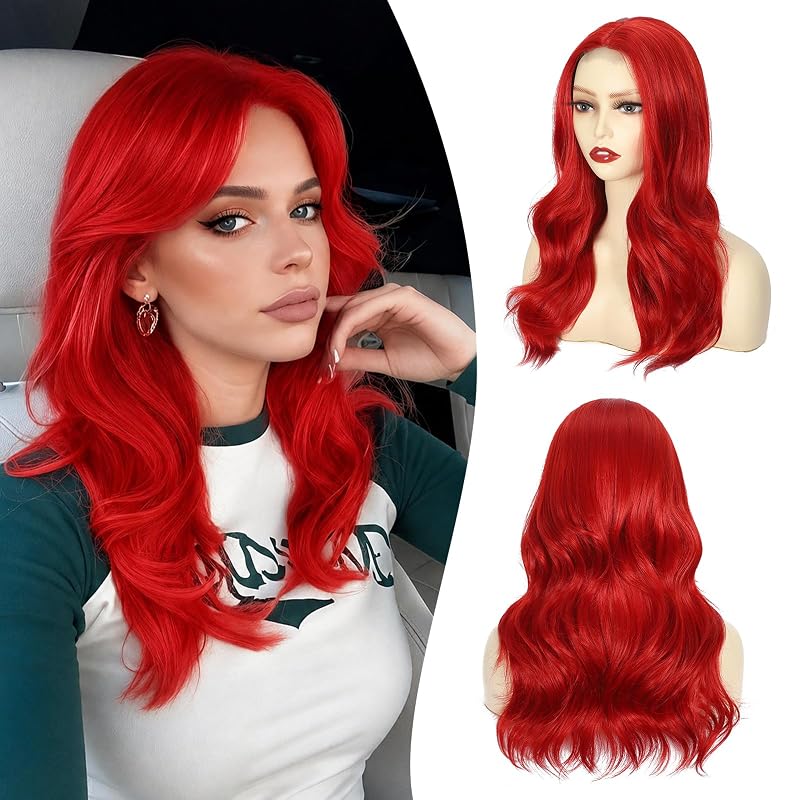 Atohallan Red Wigs for Women 18 Inch Middle Part Layered Wavy Synthetic Wig
