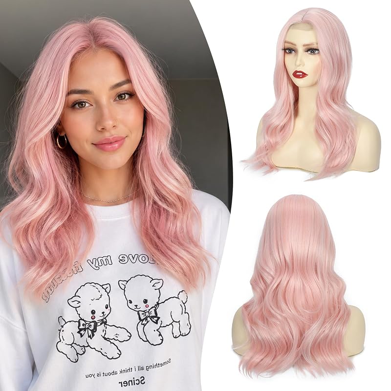 Atohallan Pink Wigs for Women 18Inch Middle Part Layered Wavy Synthetic Wig