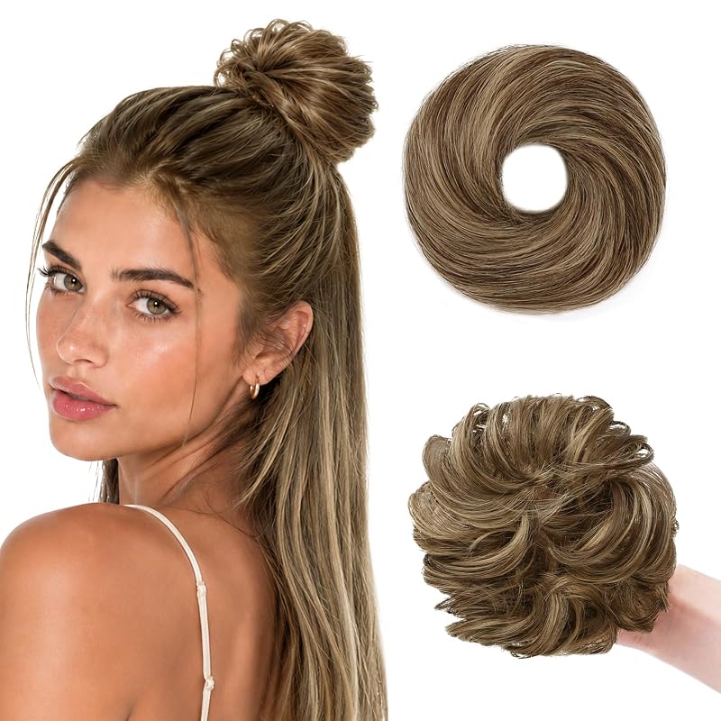 WIRCTP 2PCS Messy Bun Hair Piece for Women, Small Donut Bun & Messy Bun Scrunchie for Thin Hair, Synthetic Hair Bun Extension, Natural-Looking Updo(Pecan Blonde)