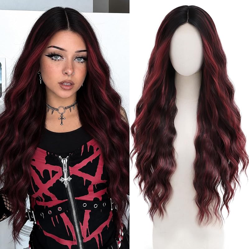 Cosplay Long Red Highlight Wig 28 Inch Middle Part Synthetic Wigs for Women