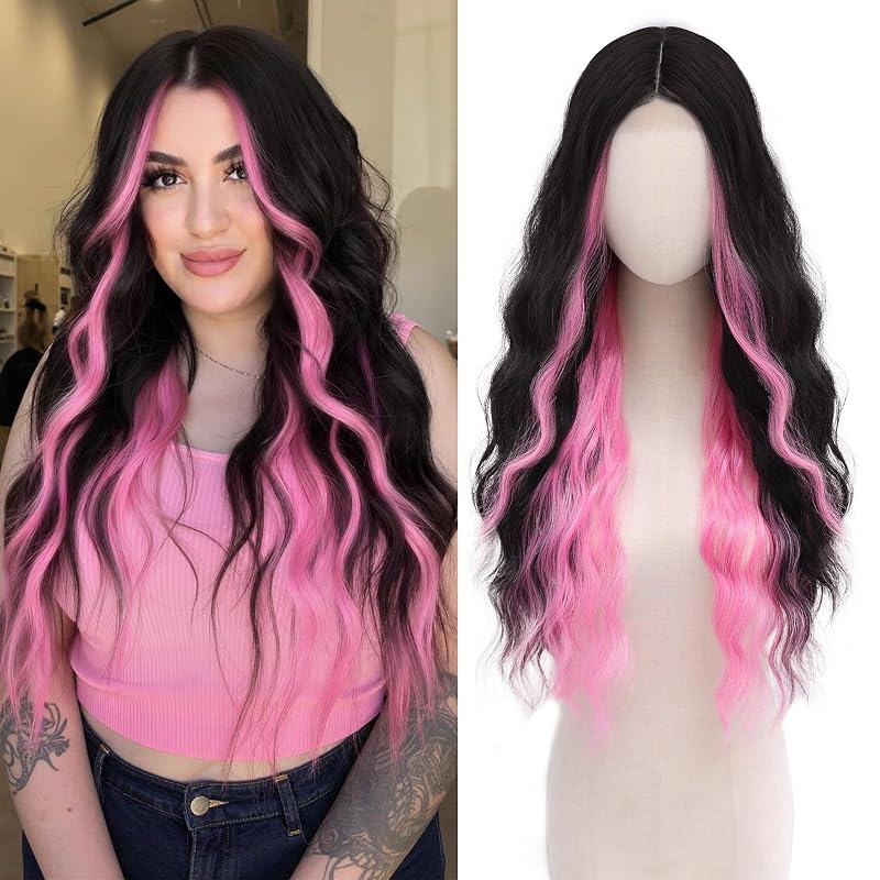 Cosplay Long Black Pink Wig 28 Inch Middle Part Synthetic Wigs for Women