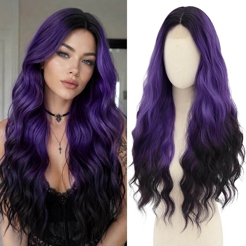 Cosplay Long Dark Purple Wig 28 Inch Middle Part Synthetic Wigs for Women