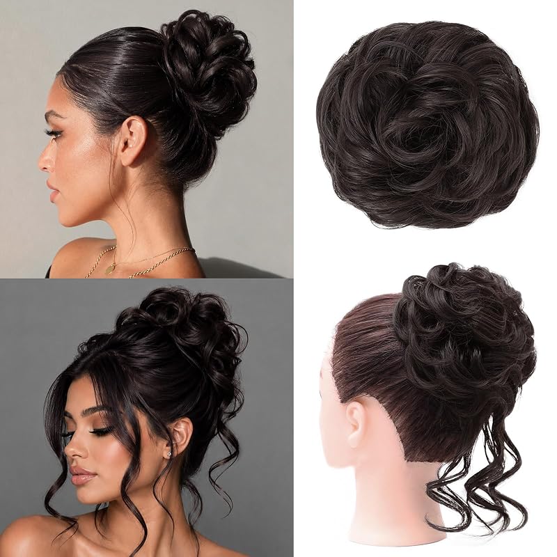 MORICA 2PCS Messy Bun Hair Piece,Tousled Updo with Tendrils,Brown Black