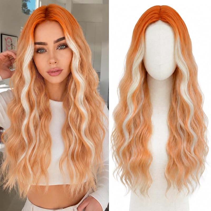 Cosplay Long Auburn Blonde Wig 28 Inch Middle Part Synthetic Wigs for Women