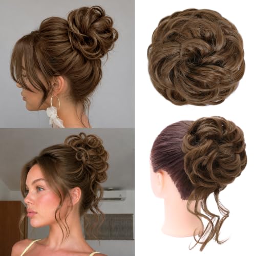 MORICA 2PCS Messy Bun Hair Piece,Tousled Updo with Tendrils,Chestnut Brown
