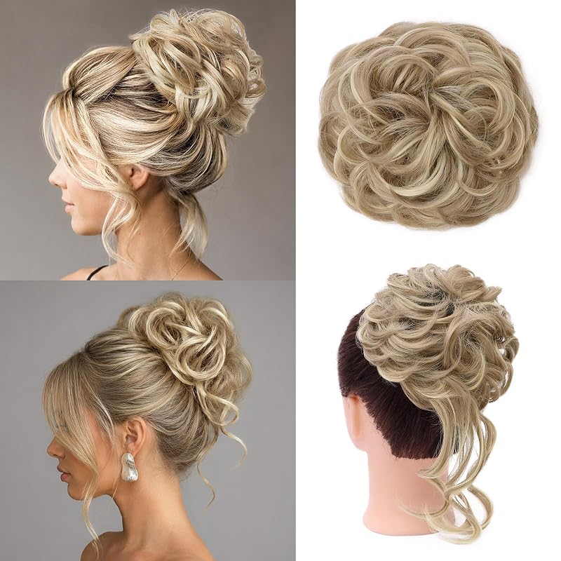 MORICA 2PCS Messy Bun Hair Piece,Tousled Updo with Tendrils,Beige Blonde