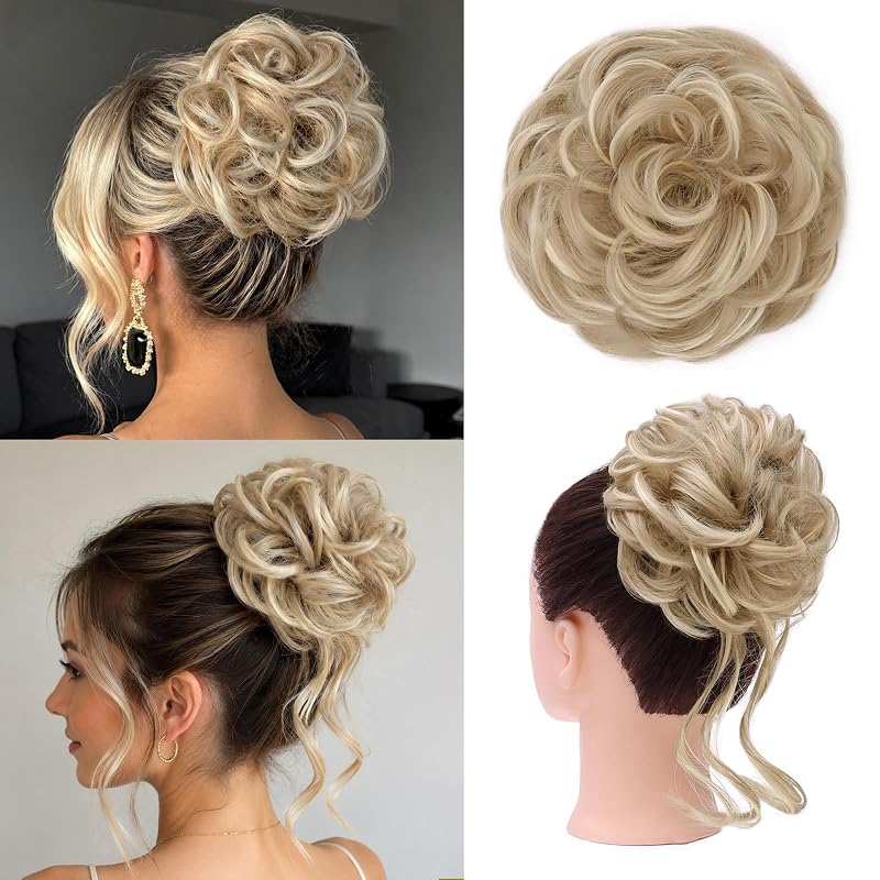 MORICA 2PCS Messy Bun Hair Piece,Tousled Updo with Tendrils,Light Blonde
