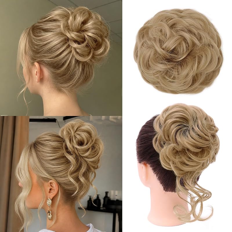 MORICA 2PCS Messy Bun Hair Piece,Tousled Updo with Tendrils,Dark Blonde