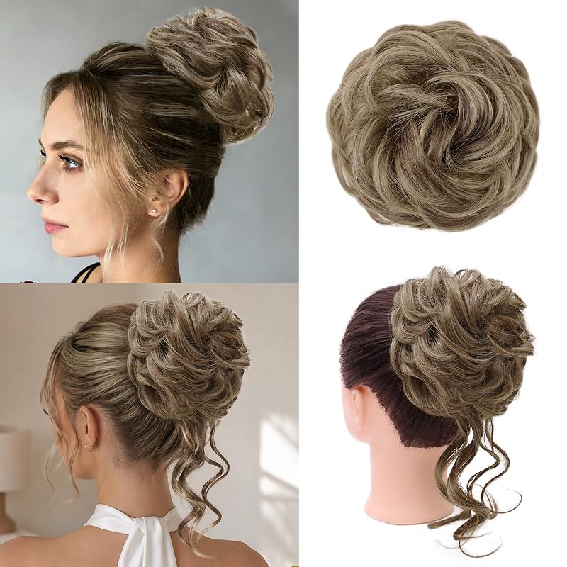 MORICA 2PCS Messy Bun Hair Piece,Tousled Updo with Tendrils,Dark Ash Blonde