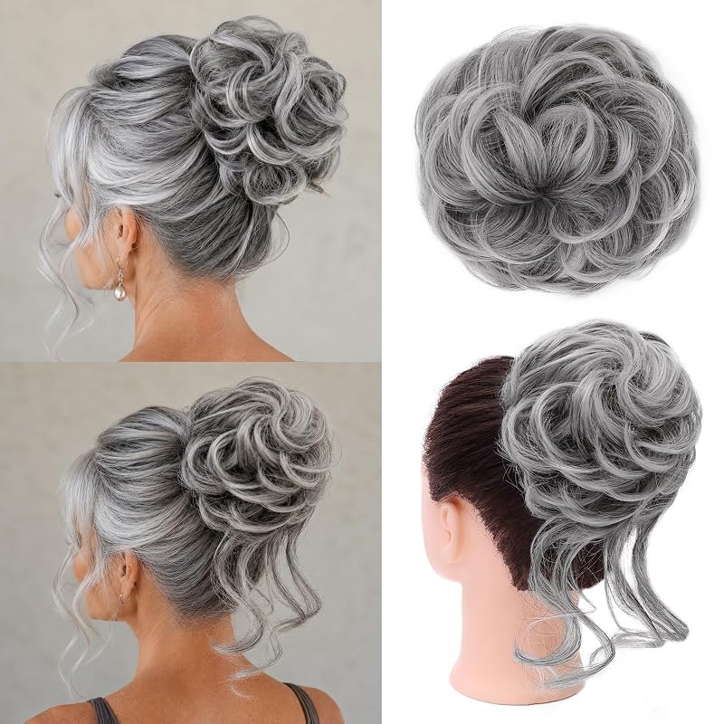 MORICA 2PCS Messy Bun Hair Piece,Tousled Updo with Tendrils,Salt and Pepper