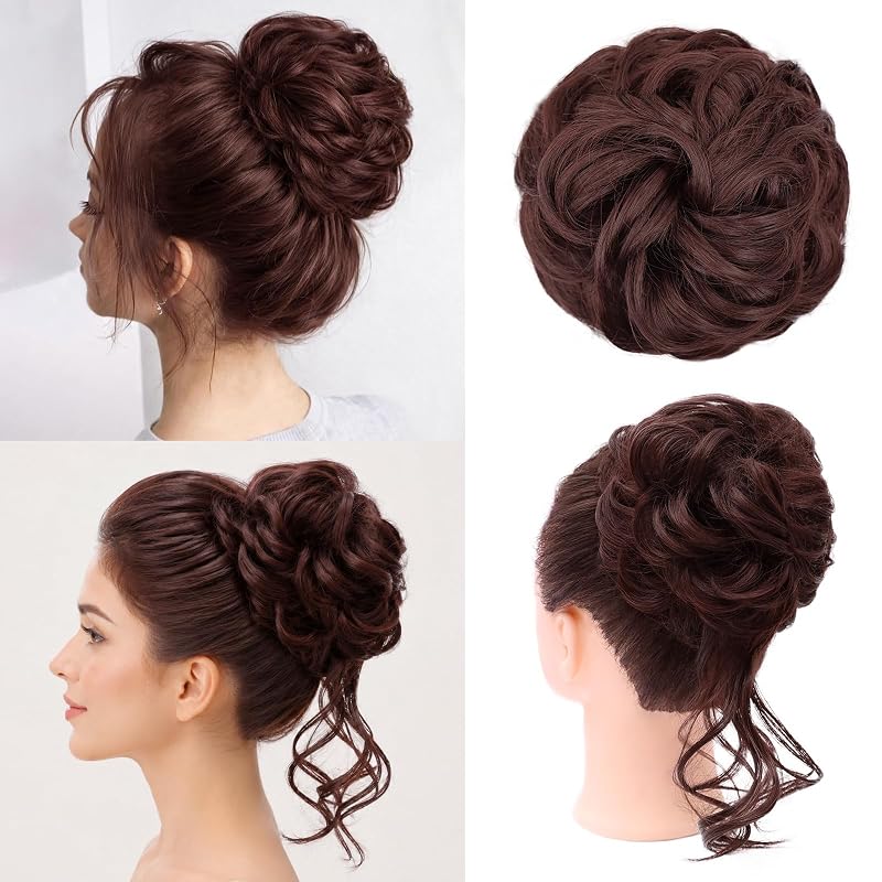 MORICA 2PCS Messy Bun Hair Piece,Tousled Updo with Tendrils,Dark Auburn