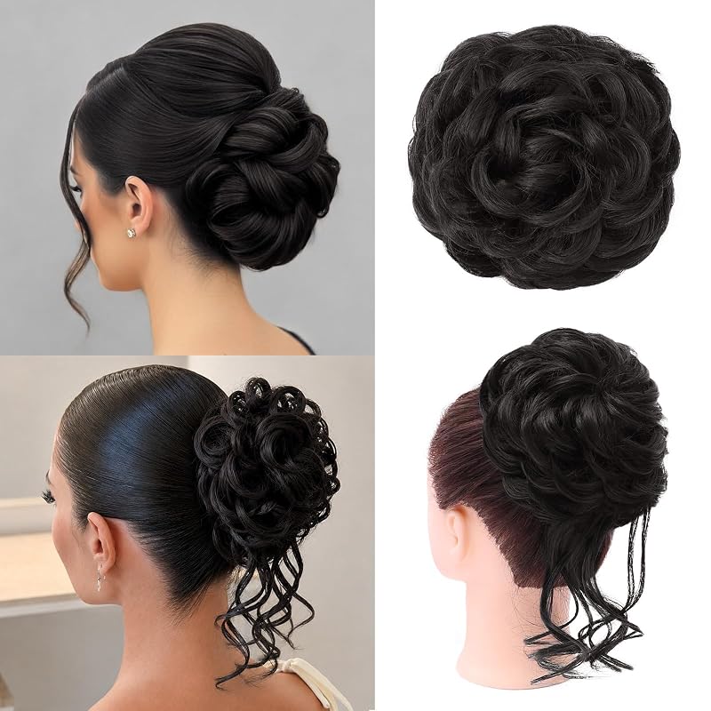 MORICA 2PCS Messy Bun Hair Piece,Tousled Updo with Tendrils,Natural Black