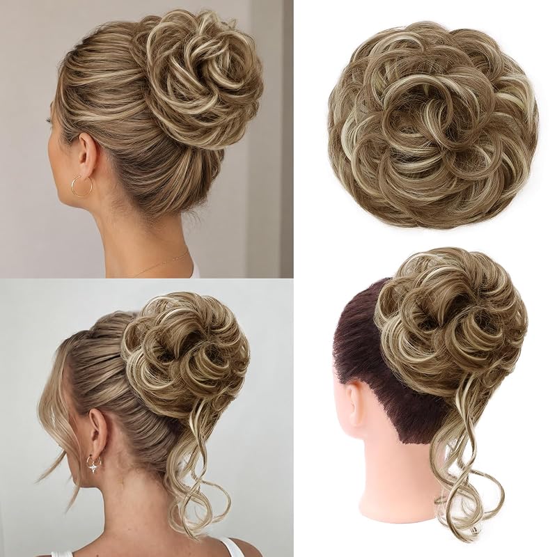 MORICA 2PCS Messy Bun Hair Piece,Tousled Updo with Tendrils,Dirty Blonde