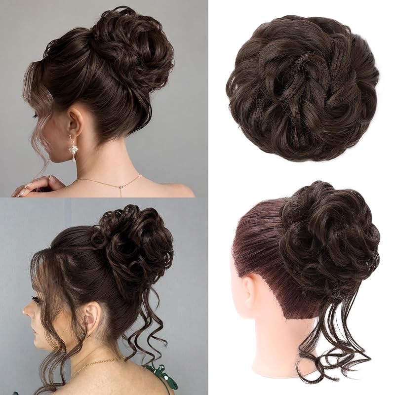 MORICA 2PCS Messy Bun Hair Piece,Tousled Updo with Tendrils,Dark Brown