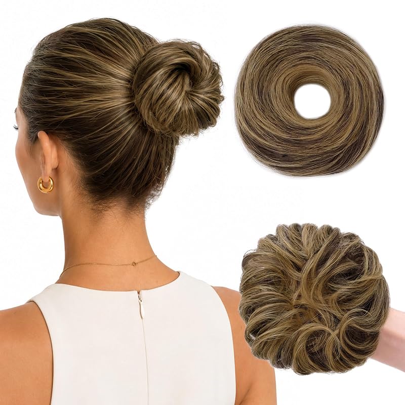 Wirctp 2PCS Messy Bun Hair Piece for Women, Small Donut Bun & Messy Bun Scrunchie for Thin Hair, Synthetic Hair Bun Extension, Natural-Looking Updo(Coffee Brown)