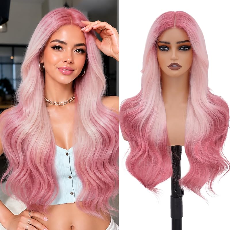 MOCA HAIR Ombre Pink Wigs for Women,26 inch Long Wavy Synthetic Wig