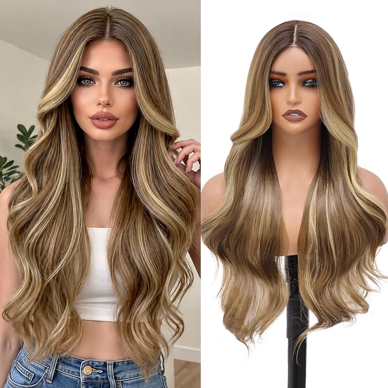 Brown with Blonde Highlights Wigs for Women,26 inch Long Wavy Synthetic Wig