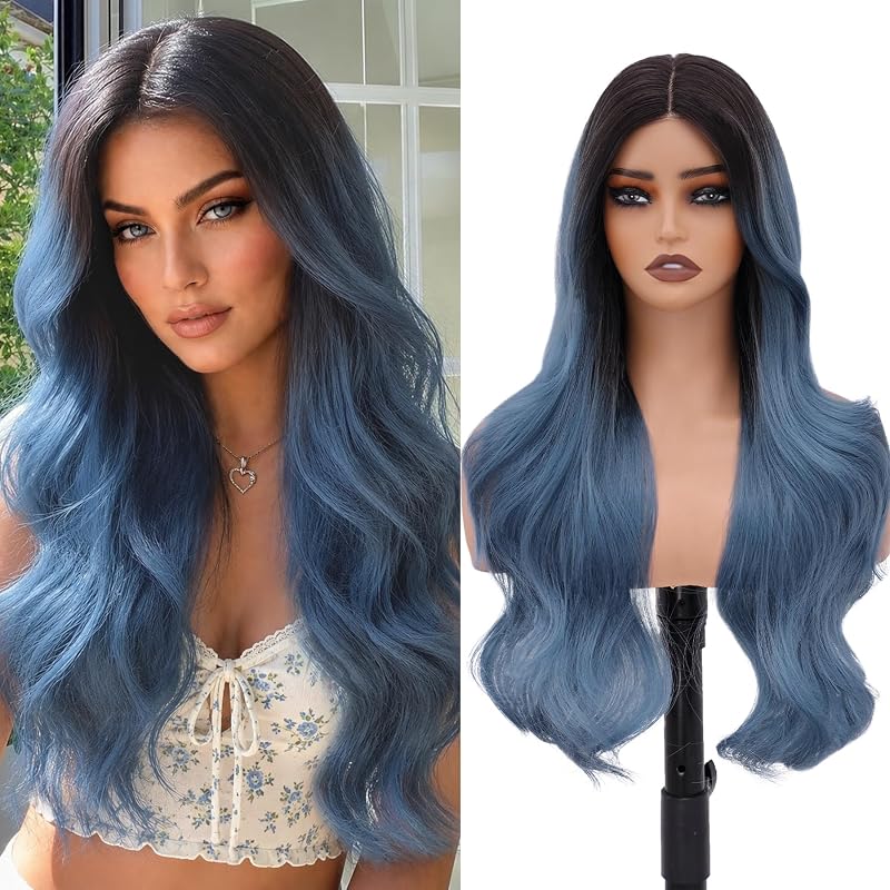 MOCA HAIR Ombre Blue Wigs for Women,26 inch Long Wavy Synthetic Wig