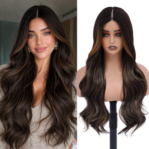 MOCA HAIR Highlights Brown Wigs for Women,26 inch Long Wavy Synthetic Wig