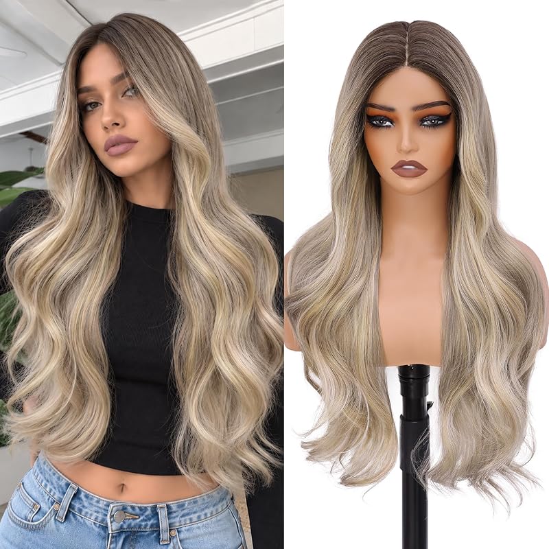 Platinum Blonde Highlights Wigs for Women,26 inch Long Wavy Synthetic Wig