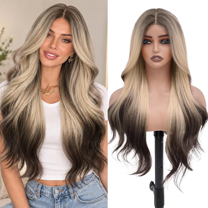 MOCA HAIR Blonde Ombre Brown Wigs for Women,26 inch Long Wavy Wig