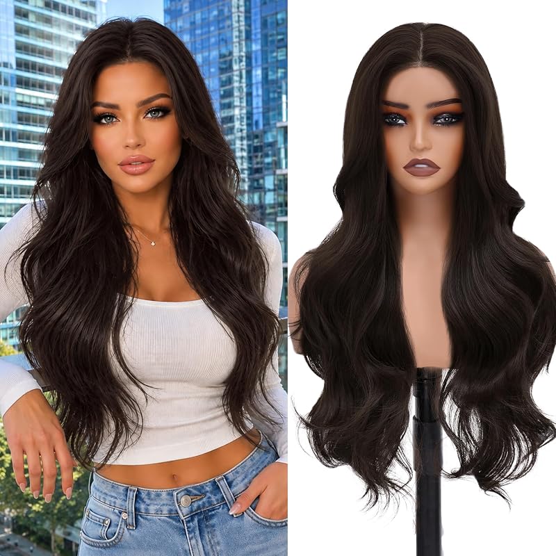 MOCA HAIR Dark Brown Wigs for Women,26 inch Long Wavy Synthetic Wig