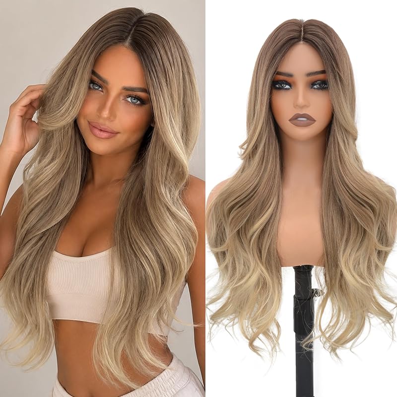 MOCA HAIR Ombre Blonde Wigs for Women,26 inch Long Wavy Synthetic Wig