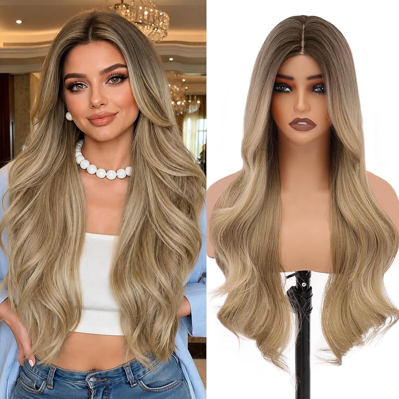 MOCA HAIR Dirty Blonde Wigs for Women,26 inch Long Wavy Synthetic Wig