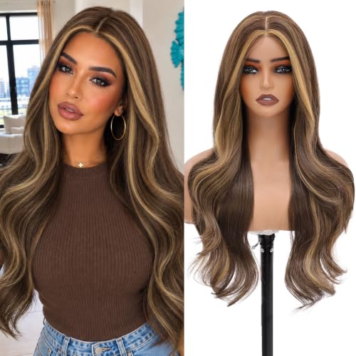 MOCA HAIR Ash Brown Balayage Wigs for Women,26 inch Long Wavy Synthetic Wig