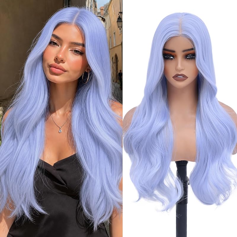 MOCA HAIR Ice Blue Wigs for Women,26 inch Long Wavy Synthetic Wig