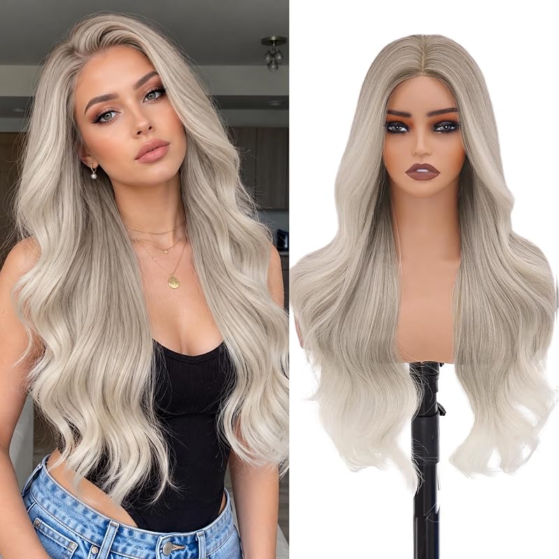 MOCA HAIR Ash Blonde Wigs for Women,26 inch Long Wavy Synthetic Wig