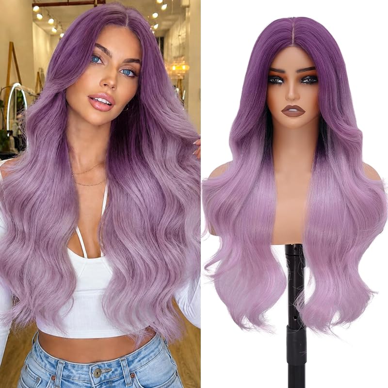 MOCA HAIR Ombre Purple Wigs for Women,26 inch Long Wavy Synthetic Wig