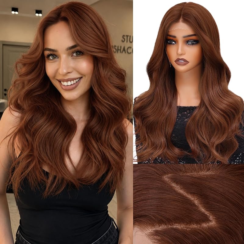 WECAN Copper Auburn 13x4 Synthetic Lace Front Wig, 22 Inch Natural Hairline