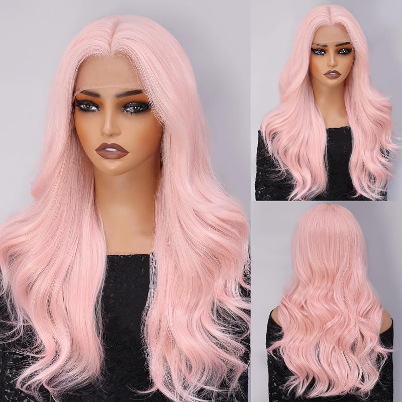 WECAN Light Pink 13x4 Synthetic Lace Front Wig, 22 Inch Natural Hairline