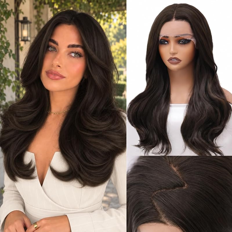 Dark Brown 13x4 Synthetic Lace Front Wig, 22 Inch Natural Hairline