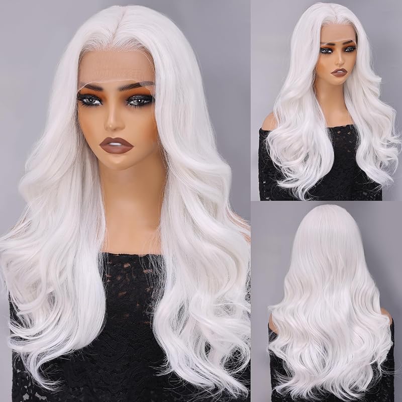 WECAN White Wigs for Women 13x4 Synthetic Lace Front Wig, 22 Inch