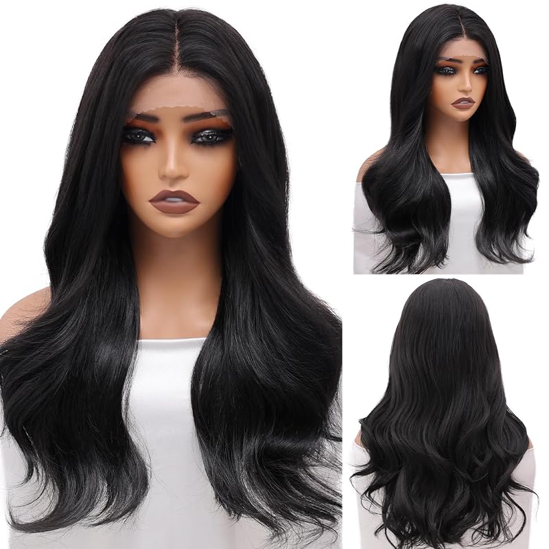 WECAN Natural Black 13x4 Synthetic Lace Front Wig, 22 Inch Natural Hairline