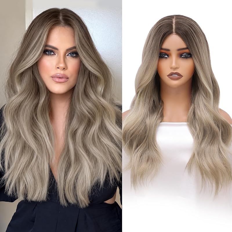 Niceone Hair Ombre Ash Blonde Wigs for Women, 22 Inch Wavy Synthetic Wig