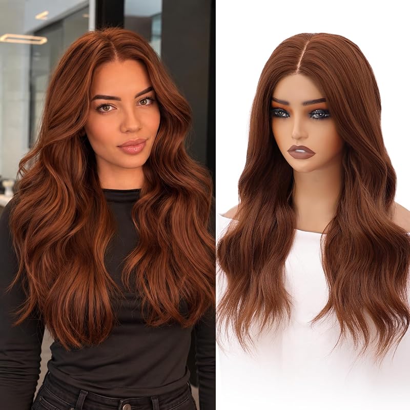 Copper Auburn Wigs for Women, 22 Inch Wavy Synthetic Wig, 4x4 Parting