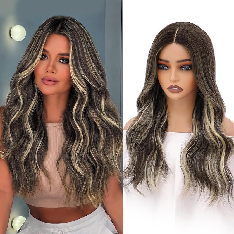 Ash Brown with Highlights Wigs for Women, 22 Inch Synthetic Wig