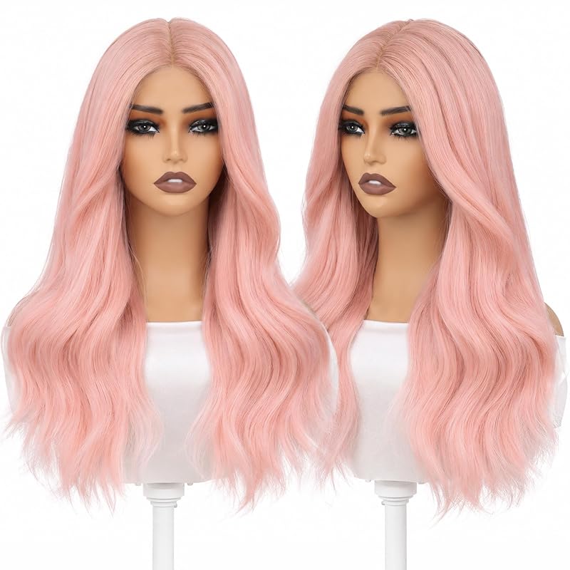 Pink Ombre Wigs for Women, 22 Inch Wavy Synthetic Wig, 4x4 Free Parting