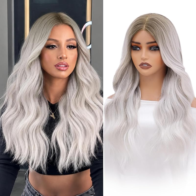 Silver Ash Ombre Wigs for Women, 4x4 Free Parting, 22 Inch Synthetic Wig