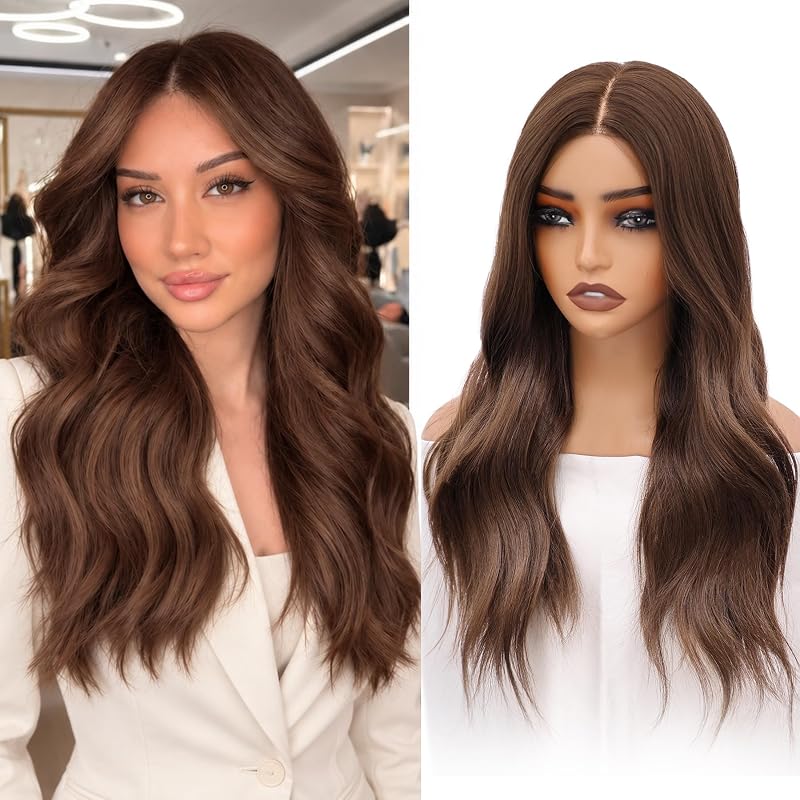 Chocolate Brown Wigs for Women, 4x4 Free Parting, 22 Inch Synthetic Wig